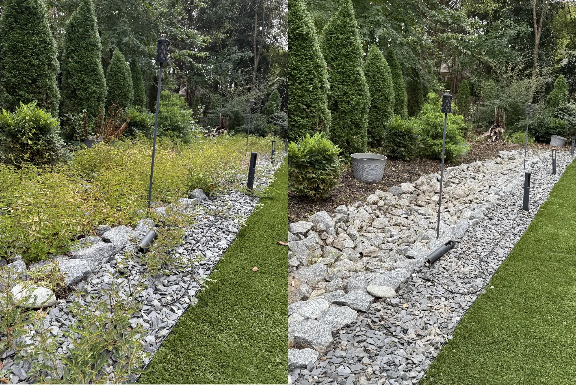 Before and after: an overgrown drainage bed cleared out and rebuilt as a fresh boulder dry creek