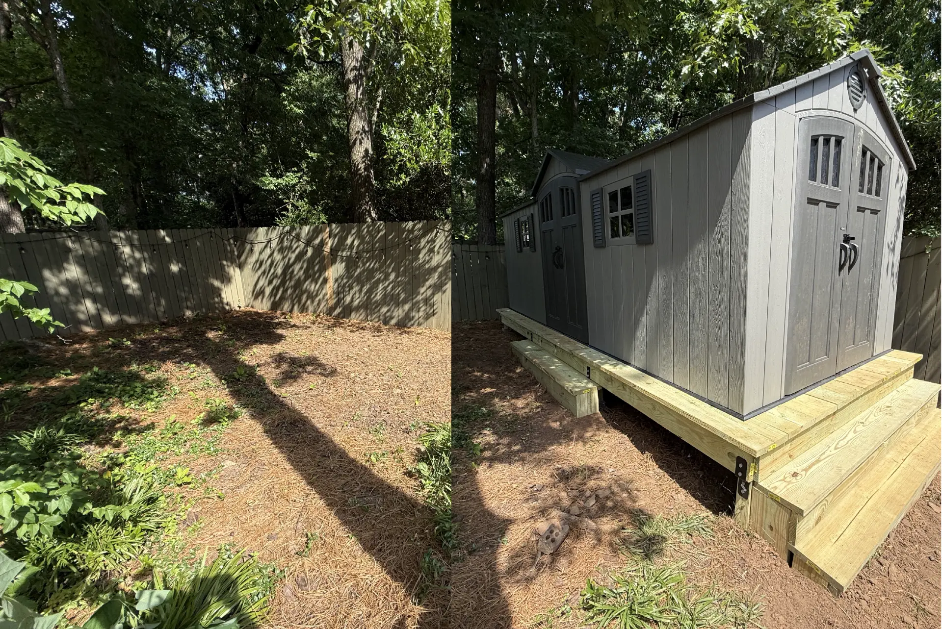 Before and after: a bare dirt corner rebuilt around a new storage shed on a timber platform
