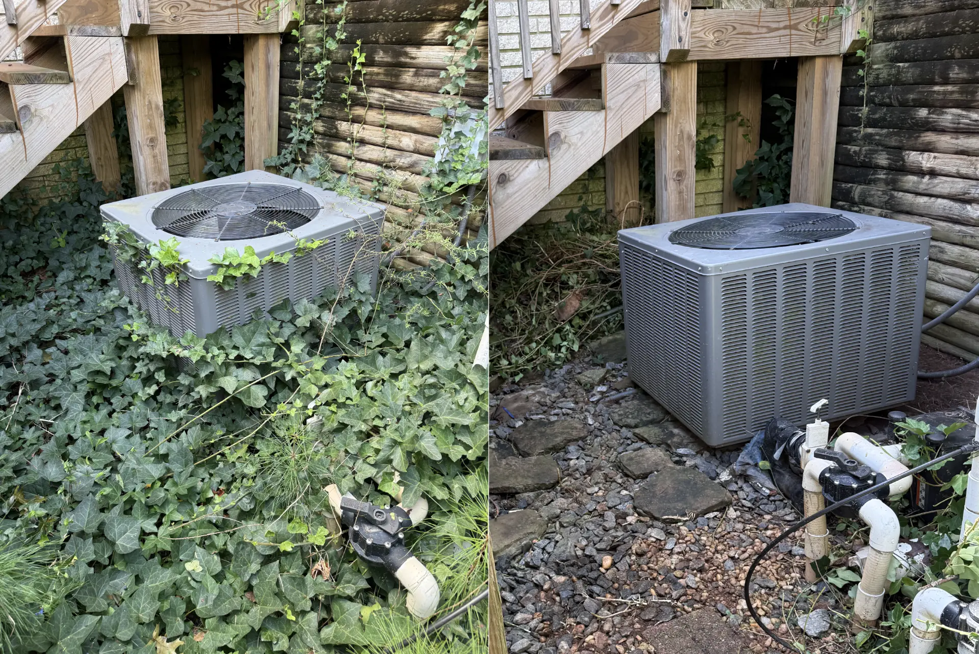 Before and after: ivy-choked HVAC pad cleared out and finished with stone and stepping rocks