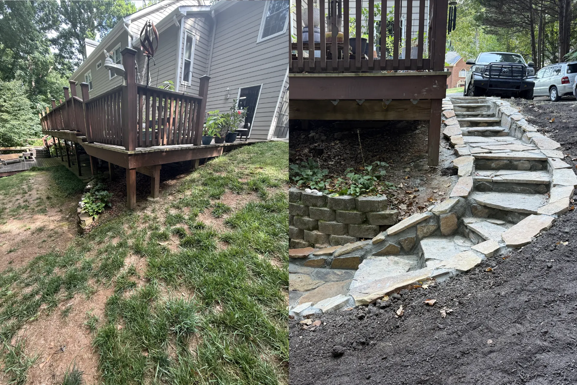 Before and after: a bare slope under a deck rebuilt with flagstone steps and a stone-edged path