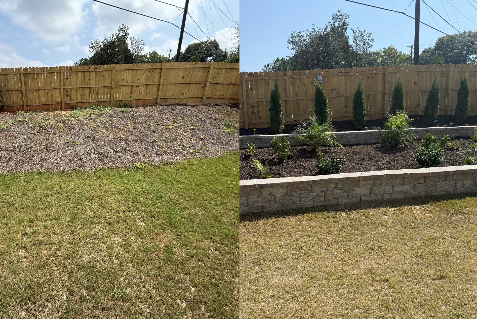 Before and after: a bare slope terraced with a retaining wall, mulch beds and new plantings