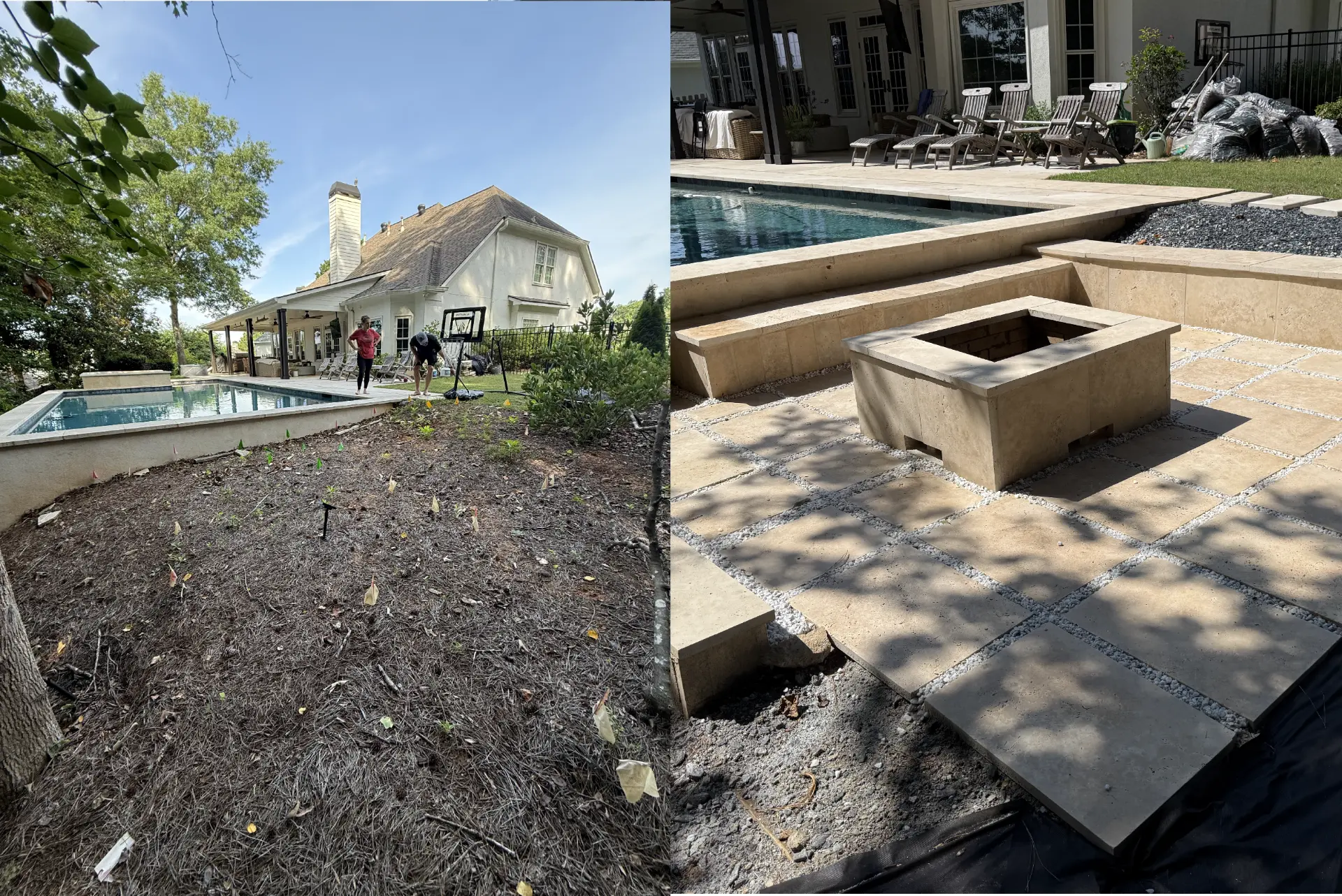 Before and after: a messy poolside slope cleaned up and finished as a travertine fire pit patio